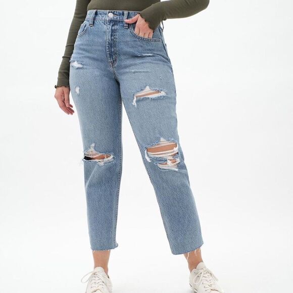Aeropostale High Rise Distressed Raw Hem Mom Jeans - Picture 1 of 10